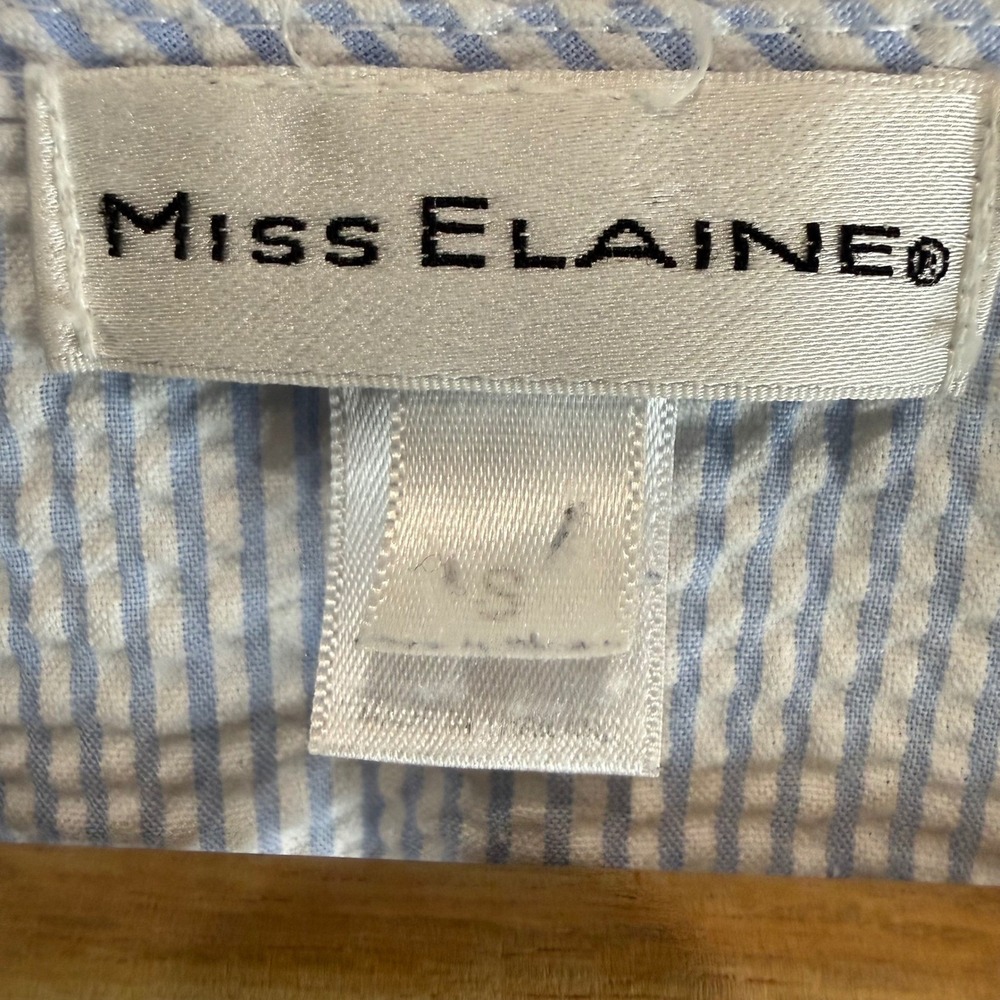 Miss Elaine Seersucker Zip Front Blue/white Floral Embroidered S Costal Grandma - Picture 5 of 8